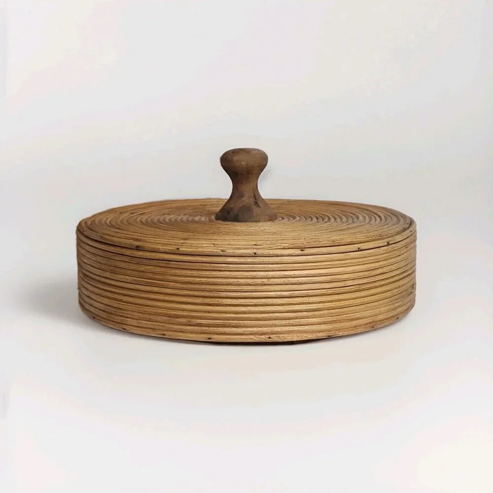 Vintage Coiled Rattan Wood Canister Lid Boho MCM Bamboo Bucket/Container